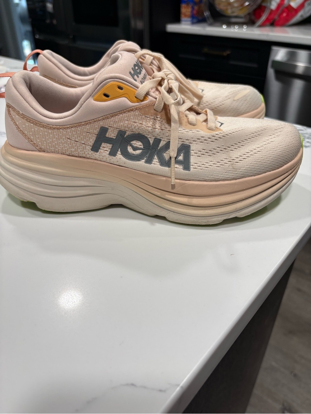 HOKA Bondi 8 Wide Women’s Size 7D Running Walking Shoes Beige Comfort Sneakers